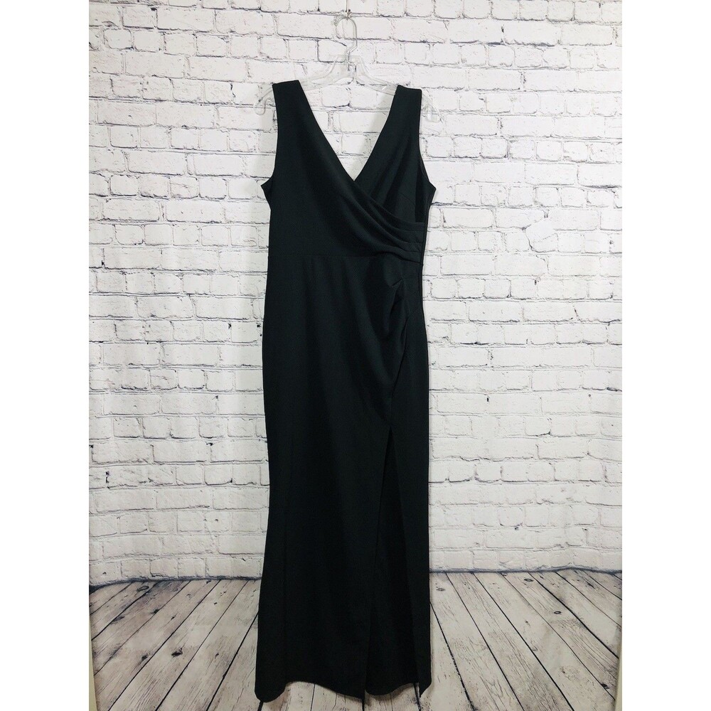 WOOSEA Women V-Neck Evening Gown Sleeveless Ruched High Slit Black Size L